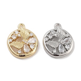 Brass Pave Clear Cubic Zirconia Pendants, Flat Round with Butterfly