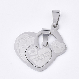 201 inoxydable pendentifs fendus en acier, pour les amoureux, coeur avec le coeur, avec le mot amour, pour Saint Valentin