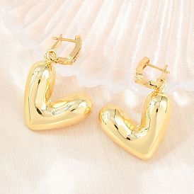 Brass Micro Pave Clear Cubic Zirconia Hoop Dangle Earrings, Heart, Lead Free & Cadmium Free, Long-Lasting Plated, Rack Plating