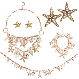 Комплекты украшений из натуральных ракушек в океанской тематике, включая браслеты и ожерелья-нагрудники, серьги-гвоздики, цепочные ремни и заколки для волос из кожи аллигатора