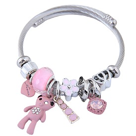 Multifaceted Teddy Bear Pendant Bracelet - Adjustable Stainless Steel Chain for Students (0622)