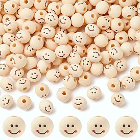 Perles en bois imprimées, rond avec motif visage souriant, non teint