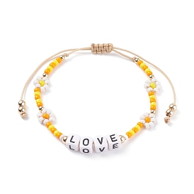 Love Word Acrylic Cube Braided Beaded Bracelets, Adjustable Flower Glass Seed Bead Bracelets
