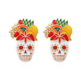 Rhinestone Skull with Fruit Stud Earrings with Enamel, Halloween Alloy Jewelry for Women