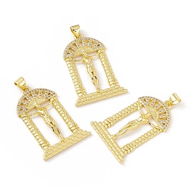 Rack Plating Brass Micro Pave Clear Cubic Zirconia Pendants, Long-Lasting Plated, Cadmium Free & Lead Free, Arch with Jesus