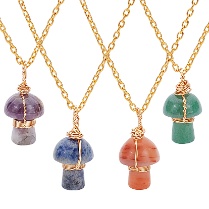 4Pcs 4 Style Natural Gemstone Mashroom Wire Wrapped Pendant Necklace for Wome, Golden