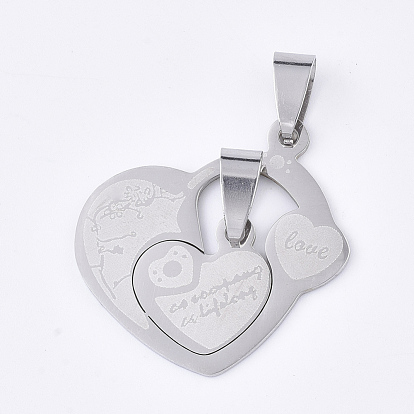 201 Stainless Steel Split Pendants, for Lovers, Heart with Heart, with Word Love, For Valentine's Day