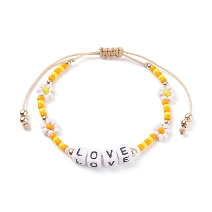 Love Word Acrylic Cube Braided Beaded Bracelets, Adjustable Flower Glass Seed Bead Bracelets