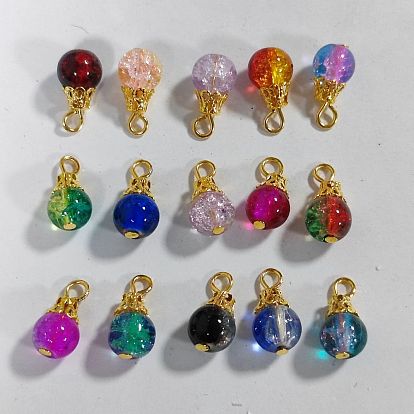 15Pcs Crack Glass Pendants, Round Charms, with Golden Iron Findings