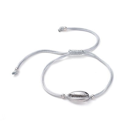 Adjustable Nylon Thread Braided Bead Bracelets, with Cowrie 304 Shell Stainless Steel Beads