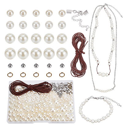 Kit de fabricación de collar de pulsera de perlas de imitación de bricolaje, Incluye cuentas de plástico ABS y acero inoxidable., cordón de cuero de vaca