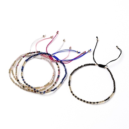 Adjustable  Nylon Thread Braided Bead Bracelets, with Round Natural Gemstone Beads, Non-magnetic Synthetic Hematite Beads and Brass Beads, Golden