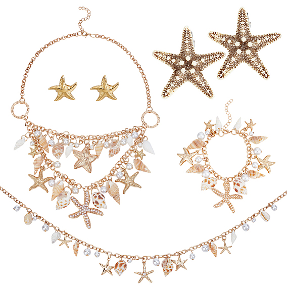 Комплекты украшений из натуральных ракушек в океанской тематике, включая браслеты и ожерелья-нагрудники, серьги-гвоздики, цепочные ремни и заколки для волос из кожи аллигатора