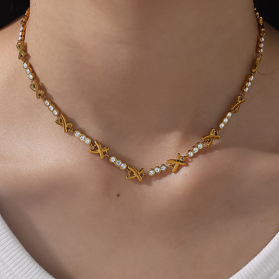 304 Цепочка из нержавеющей стали с кристаллами и стразами в форме буквы X для женщин