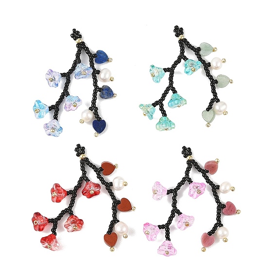 Glass Seed Beaded & Natural Gemstone Big Pendants, Flower Charm, with Natural Cultured Freshwater Pearl & Glass Beads