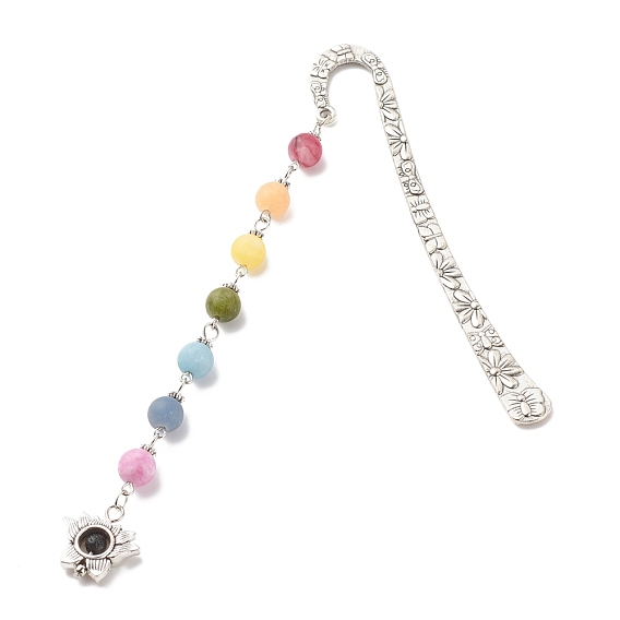 Tibetan Style Alloy Bookmarks, with Chakra Theme Fropted Natural Gemstone Beaded Pendant, Lotus