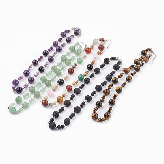 Natural Gemstone Beaded Necklaces, with Brass Lobster Claw Clasps and Extender Chains, Platinum