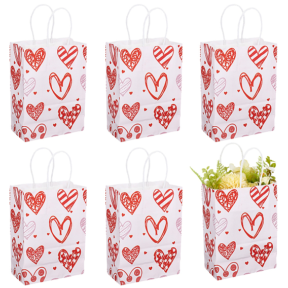 6шт. прямоугольные бумажные упаковочные пакеты, с ручкой, для подарочных пакетов и сумок, День святого Валентина, Слово любовь, сердце