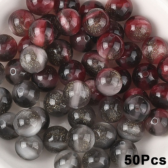 50Pcs Opaque UV Reactive Beads, Color Changing Beads, Round, with Glitter Powder