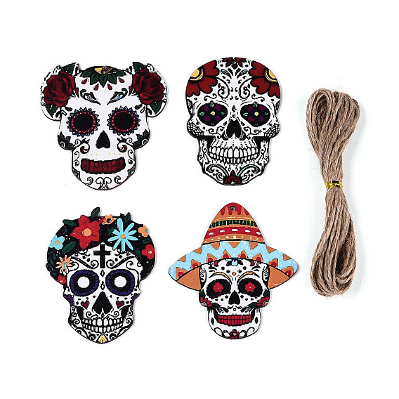 12 шт. подвесные украшения в виде черепа из дерева с УФ-печатью, подвесные украшения из джутовой веревки, вырезанные лазером деревянные формы