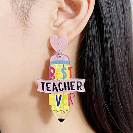 Pendientes colgantes de acrílico estampados para el Día del Maestro para mujer