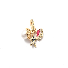 Rack Plating Brass Cubic Zirconia European Dangle Charms, Hot Pink Enamel Shell Shape & Starfish Large Hole Pendants, with ABS Pearl, Cadmium Free & Lead Free, Long-Lasting Plated