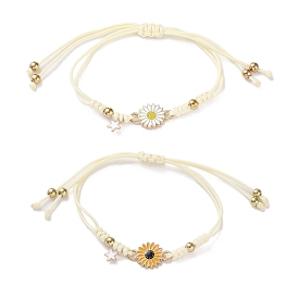 Sunflower Alloy Enamel Charms Braided Bracelets, Nylon Cord Adjustable Bracelets for Women