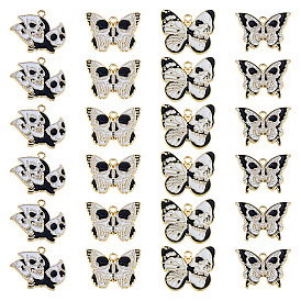 24 шт 4 стили подвески из сплава с эмалью на тему Хэллоуина, золотые, бабочка с подвеской в виде черепа