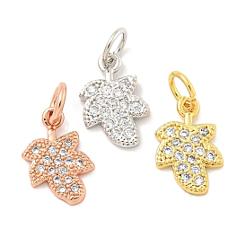 Rack Plating Brass Micro Pave Clear Cubic Zirconia Pendants, Long-Lasting Plated, with Jump Rings, Lead Free & Cadmium Free, Leaf