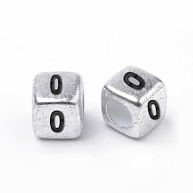 Antique Silver Plated Acrylic Beads, Cube with Black Number