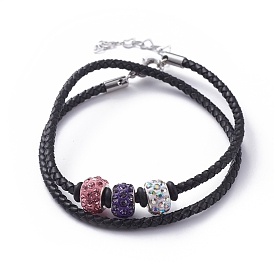 Two Loops Wrap Bracelets, with Leather Cord, Polymer Clay Rhinestone Beads, Rubber Spacer Beads, 304 Stainless Steel Lobster Claw Clasps and Heart Link Chains