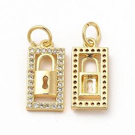 Rack Plating Brass Micro Pave Cubic Zirconia Pendants, with Jump Ring, Long-Lasting Plated, Rectangle with Padlock Charm