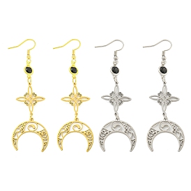 304 Stainless Steel Dangle Earrings for Women, with Glass Rhinestone, Moon