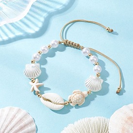 Браслеты из плетеных бусин с синтетической бирюзой, пластиковым жемчугом и латунными бусинами для женщин., форма ракушки, морская звезда и черепаха, с нейлоновым шнуром
