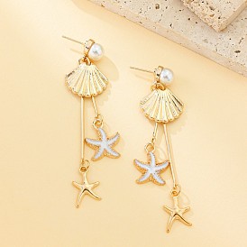 Серьги-гвоздики с кисточками из железной эмали в форме ракушки и морской звезды, с пластиковой жемчужины