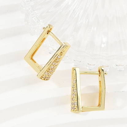 Прямоугольные серьги-кольца из латуни с микропаве из прозрачных кубических цирконий, без кадмия и без свинца