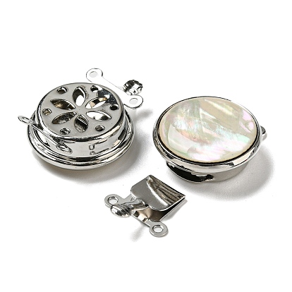 Shell Box Clasp, with Alloy Loops, Flat Round
