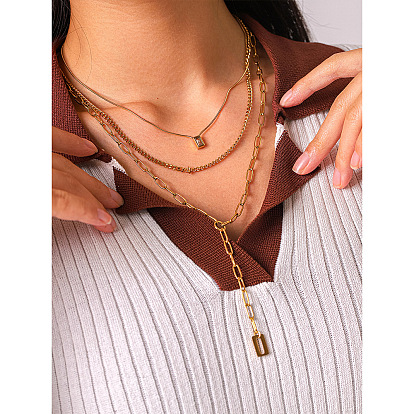 304 Stainless Steel Rectangle Tassel Pendant 3 Layer Chain Necklaces for Women