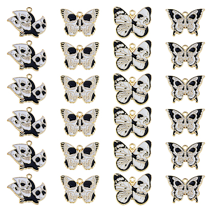 24 шт 4 стили подвески из сплава с эмалью на тему Хэллоуина, золотые, бабочка с подвеской в виде черепа