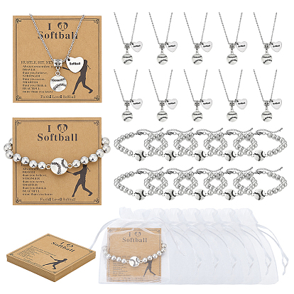 Бейсбольные браслеты из пластиковых бусин из сплава ccb, с 304 подвесками в виде бейсбольного мяча и сердца из нержавеющей стали, включая демонстрационные карты, Сумочки из органзы