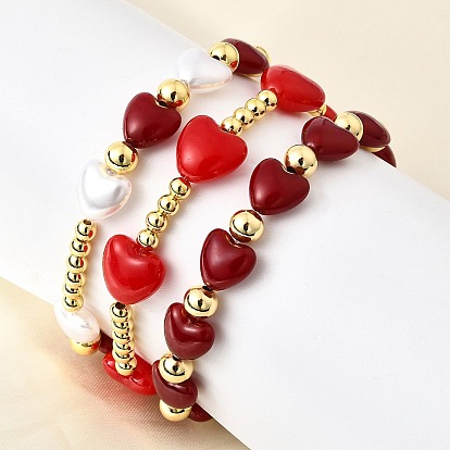 День святого Валентина абс искусственный жемчуг бусины эластичные браслеты для женщин, сердце, С латунными круглыми бусами, без кадмия и без свинца, стойки покрытие, долговечный