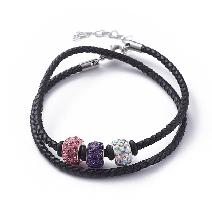Two Loops Wrap Bracelets, with Leather Cord, Polymer Clay Rhinestone Beads, Rubber Spacer Beads, 304 Stainless Steel Lobster Claw Clasps and Heart Link Chains