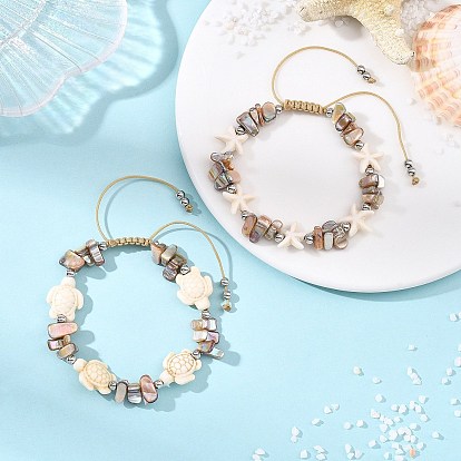 2шт. 2 стили браслетов из натуральных пресноводных ракушек и синтетической бирюзы, сплетенных из бусин, Регулируемые плетеные украшения для женщин и мужчин, морская звезда и черепаха