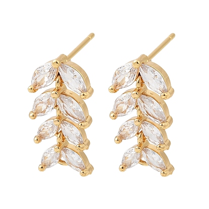 Латунные микро-паве прозрачные серьги-гвоздики из циркония, лист, без никеля 