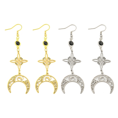 304 Stainless Steel Dangle Earrings for Women, with Glass Rhinestone, Moon