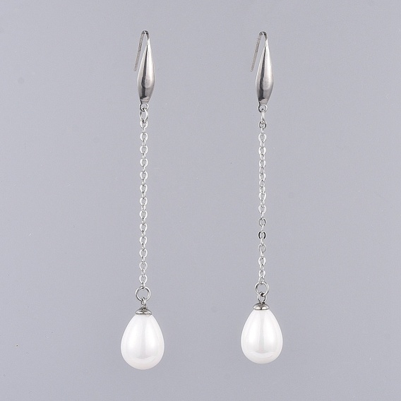 Shell Pearl Dangle Earrings, with Brass Cable Chains, 316 Surgical Stainless Steel Earring Hooks and Cardboard Jewelry Set Boxes, Teardrop