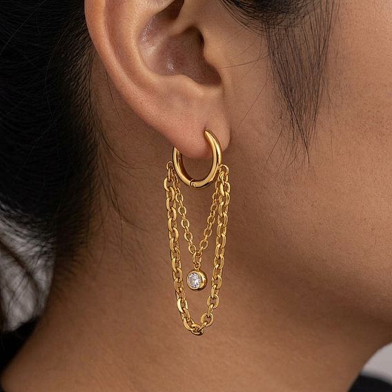 304 Stainless Steel Pave Cubic Zirconia Tassel Hoop Earrings for Women, Dangle Earrings, Chain Shape