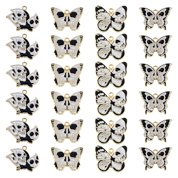 24 шт 4 стили подвески из сплава с эмалью на тему Хэллоуина, золотые, бабочка с подвеской в виде черепа