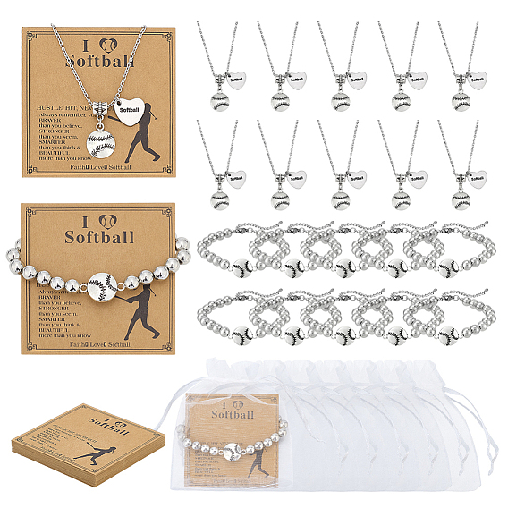 Pulseras de eslabones de béisbol con cuentas de plástico CCB de aleación, con 304 collares colgantes de béisbol y corazón de acero inoxidable, Incluyendo tarjetas de presentación, Bolsas de organza