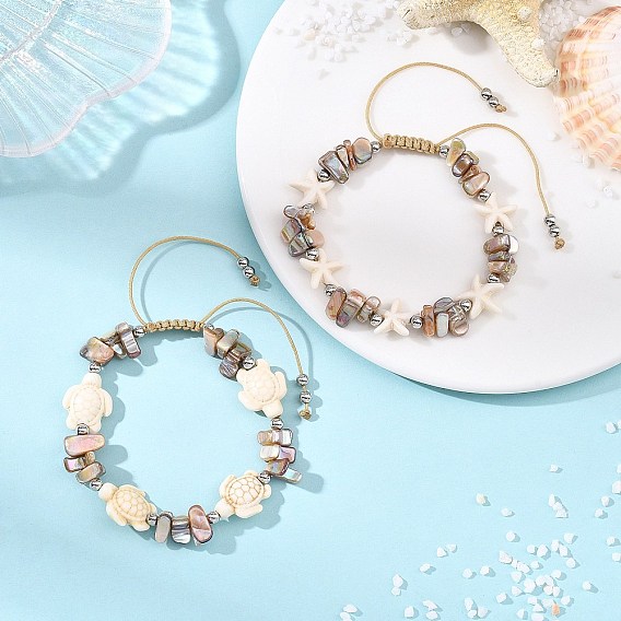 2pcs 2 styles Bracelets tressés en coquillages d'eau douce naturels et turquoise synthétique, bijoux en cordon tressé ajustable pour femmes et hommes, étoile de mer et tortue